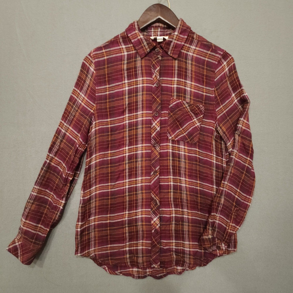 Women's Rayon Top Size XS BEACH LUNCH LOUNGE Red Black Plaid‎ Button Up Outdoor